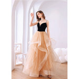 Solvbao Champagne Layers Tulle with Velvet Straps Party Dress, Long Evening Gown