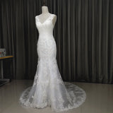 solvbao Elegant V-neckline Mermaid Lace Long Wedding Dress, Beach Bridal Gown