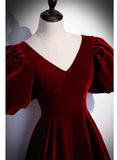 Solvbao Wine Red Velvet Puffy Short Sleeves Party Dress, Velvet Long Bridesmaid Dress