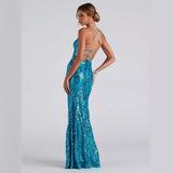 SOLVBAO Cross-Border European and American Sexy off-Neck Sequined Evening Dress Elegant Slit Banquet Party Dress