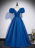 Solvbao Blue Satin V-neckline Short Sleeves Long Formal Dress, Blue Satin Prom Dress