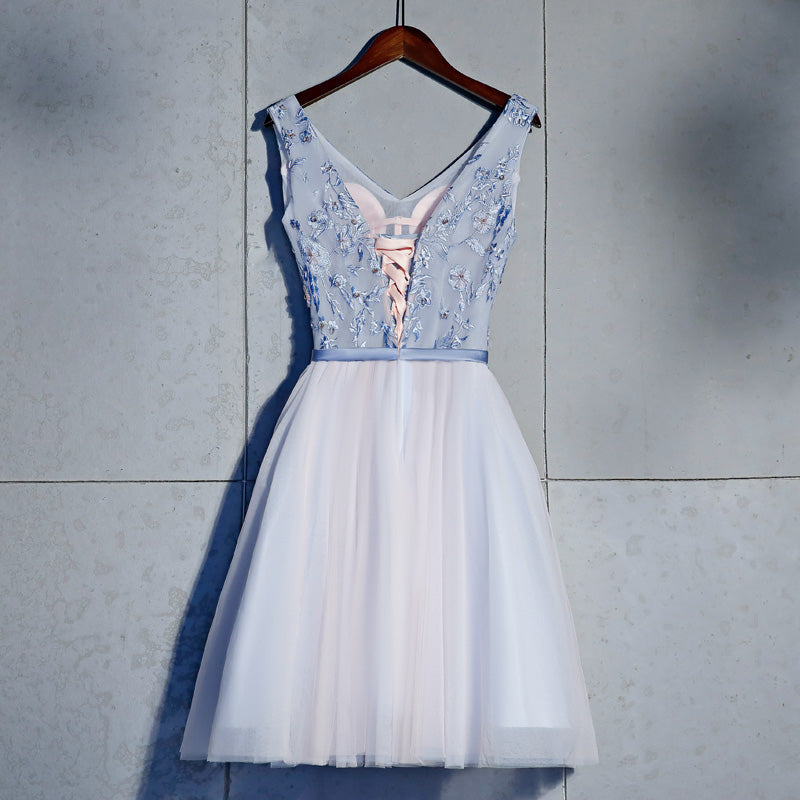 Solvbao Short Blue Prom Dress A-line Homecoing Dress, V-neckline Prom Dress