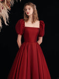 solvbao Wine Red Satin Long Prom Dress, A-line Off Shoulder Formal Dress