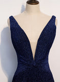 solvbao A-line Simple Navy Blue Long Evening Dress, Navy Blue V-neckline Prom Dress