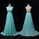 Solvbao Blue Chiffon Lace and Beaded Cap Sleeves Prom Party Dress, A-line Chiffon Formal Dress