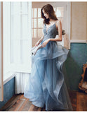 Solvbao Blue V-neckline Lace Applique Layers Straps Formal Gown, Blue Prom Dress Party Dress