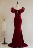 Solvbao Wine Red Mermaid Long Party Dress with Bow, Wine Red Evening Dress Prom Dress