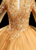 solvbao Gold Tulle Long Sleeves Lace Applique Formal Dress, Ball Gown Sweet 16 Dress