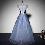 Solvbao Blue Short Sleeves Tulle with Lace Long Party Dress, Blue Formal Gowns