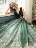 Solvbao Green Lace Tulle V-neckline A-line Prom Dress, Green Floor Length Party Dress