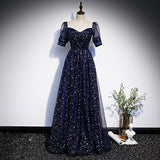 Solvbao Navy Blue Short Sleeves Sweetheart Long Party Dress, A-line Blue Evening Gown