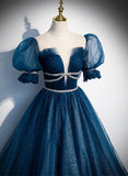 Solvbao Shiny Tulle Blue Short Sleeves Long Formal Dress, Blue Evening Prom Dress