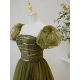 Solvbao Light Green Short Sleeves Tulle Sequins Long Junior Prom Dress, Green Party Dresses