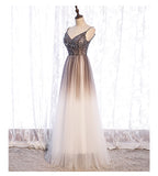 Solvbao Gradient Tulle Beaded Long Party Dress, A-line Tulle Straps Formal Dress