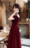 Solvbao Wine Red Velvet Off Shoulder Long Evening Dress, Dark Red Party Dress Formal Dress