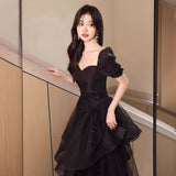 SOLVBAO Black Evening Dress Short Sleeve Banquet Temperament  New Elegant Host Student Adult Ceremony Dress Female Summer