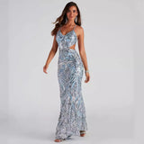 SOLVBAO Cross-Border New Arrival European and American Sexy V-neck Sequins Evening Gown Elegant Banquet Party Party Dress