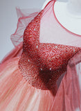 Solvbao Red Gradient Beaded Tulle A-line Long Formal Dress, Red Junior Prom Dress