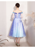 Solvbao Beautiful Gradient Blue Sparkle Short Prom Dress, Off Shoulder Tulle Homecoming Dress