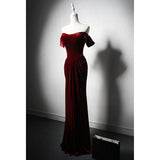 Solvbao Wine Red Velvet Mermaid Off Shoulder Bridesmaid Dress, Wine Red Long Prom Dress