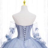 Solvbao Light Blue Tulle Long Sleeves with Flowers, Blue Junior Prom Dresses