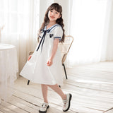 SOLVBAO Girl's Short-Sleeve Skirt Cotton College Style Blouse Princess Dress White Lapel Medium and Large Children's Dresses  Summer Dress