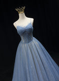 Solvbao Blue Straps Beaded Tulle A-line Long Party Dress, Blue Fashionable Floral Prom Dress