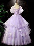 Solvbao Light Purple Tulle with Flowers Cute Long Party Dress, Purple Sweet 16 Dress