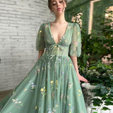 SOLVBAO European and American Evening Dress Foreign Trade Green Tulle Dance Dress Puff Sleeve V-neck Flower Floor-Length V-neck Sexy Long Dress