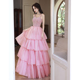 SOLVBAO Pink Sequined Suspender Evening Dress  Spring New Niche Annual Meeting Host Princess Cake Dress Long Dress