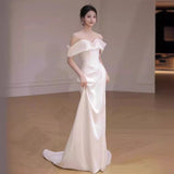 SOLVBAO off-Shoulder Light Wedding Dress Elegant Ladies Banquet Satin Simple Evening Dress Bridal Wedding Wedding Veil Dress