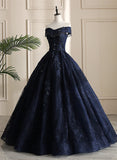 solvbao Navy Blue Sweetheart with Lace Applique Sweet 16 Dress, Blue Long Formal Dress