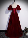 Solvbao Wine Red Velvet Puffy Short Sleeves Party Dress, Velvet Long Bridesmaid Dress