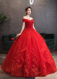 Solvbao Red Tulle Ball Gown with Lace Sweetheart Long Formal Dress, Red Tulle Evening Dress