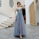 SOLVBAO Blue Sling Deep V-neck Evening Dress Mori Fresh Dreamy Temperament Dress Socialite Birthday Banquet Dress