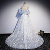 solvbao Light blue Tulle Straps Flowers Long Formal Dress, Blue Prom Dress Party Dress