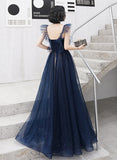 Solvbao Navy Blue Tulle Sweetheart A-line Long Formal Dress, Blue Prom Dress Party Dress