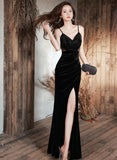 Solvbao Black Straps Mermaid Velvet Long Party Dress with Leg Slit, Black Long Prom Dress