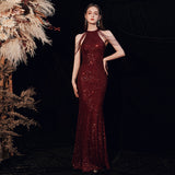 SOLVBAO Foreign Trade Fishtail Evening Dress New Banquet Sexy Halter Shoulder Tassel Sequins Host Long Slim Toast Dress