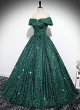 Solvbao Dark Green Sequins Off Shoulder Ball Gown Party Dress, Dark Green Formal Dress