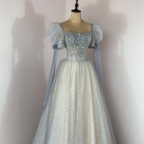 Solvbao Blue and Champagne Tulle Beaded Shiny Tulle Prom Dresses, A-line Long Party Dresses