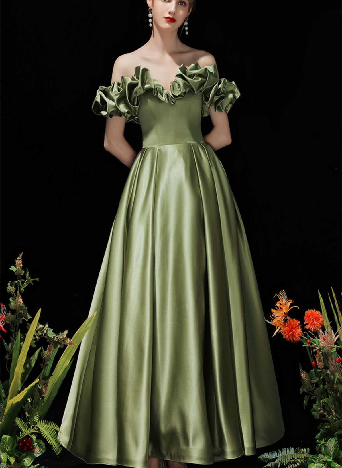 Solvbao Green Satin Off Shoulder Long Evening Dress, Green Prom Dress Party Dress