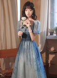 Solvbao Blue Short Sleeves Gradient Tulle Long Party Dress, Blue Long Formal Dress Evening Dress