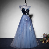 Solvbao Blue Short Sleeves Tulle with Lace Long Party Dress, Blue Formal Gowns