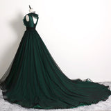 Solvbao Black and Green Beaded Tulle Long Formal Dress with Open Back, Long Prom Dress