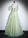 Solvbao Light Green Tulle Off Shoulder Straps Party Dress, A-line Green Prom Dress