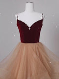 Solvbao Champagne Tulle and Velvet Low Back Beaded Prom Dress, Long Party Dress