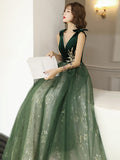 Solvbao Green Lace Tulle V-neckline A-line Prom Dress, Green Floor Length Party Dress