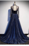 solvbao Navy Blue Long Sleeves Shiny Sparkle Long Evening Dress, Sequins Blue Wedding Party Dress