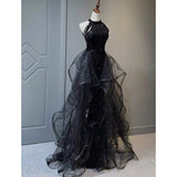 solvbao Black Halter Shiny Tulle Long Party Dress with Beadings, Black Tulle Prom Dress